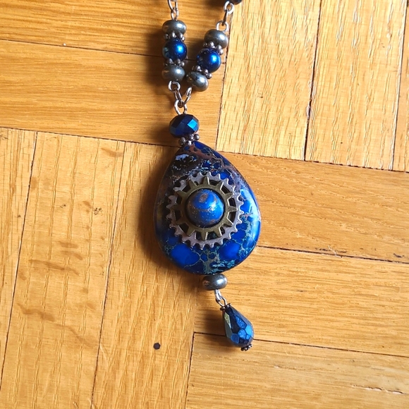 Handmade Steampunk Blue Imperial Jasper Teardrop Necklace and Earrings - Picture 4 of 12